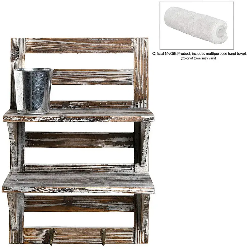 Rustic Wood Wall Mounted Organizer Shelves w/ 2 Hooks for bathroom