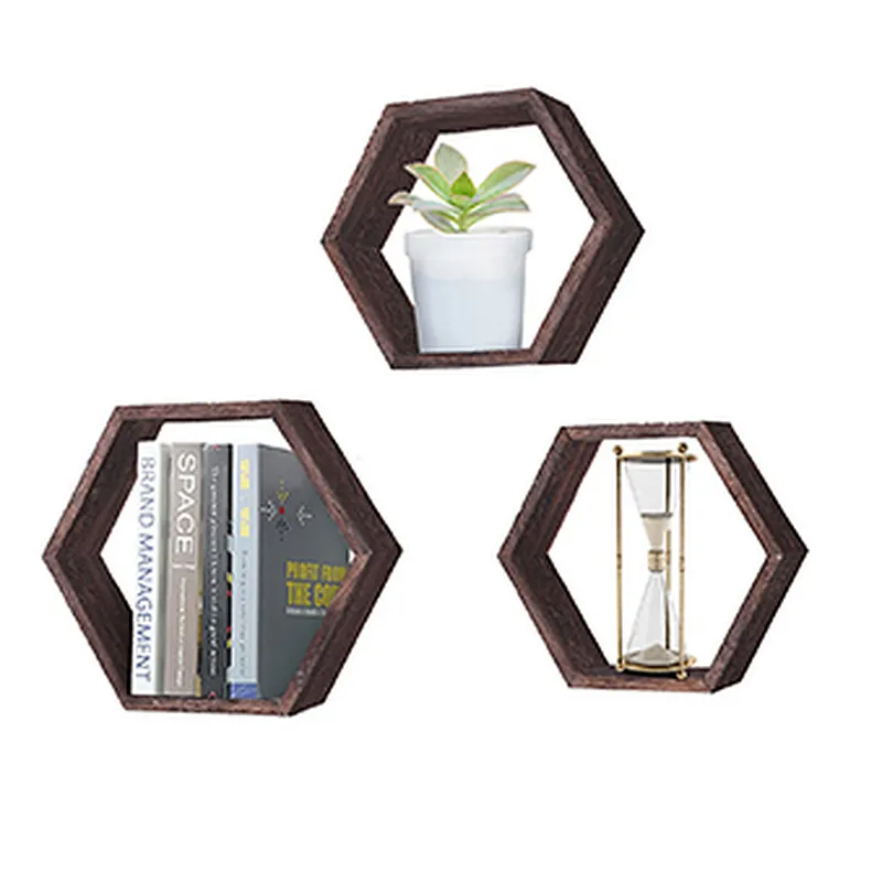Rustic Wall Mounted Hexagonal Floating Shelves  Set of 3  Large