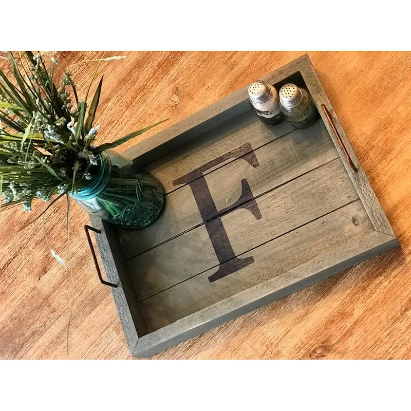 Custom Grey Washed Wood Tray Distressed Rustic Serving TrayWooden Tray With Metal HandlelWood Tray StandUnfinished Wood Trays