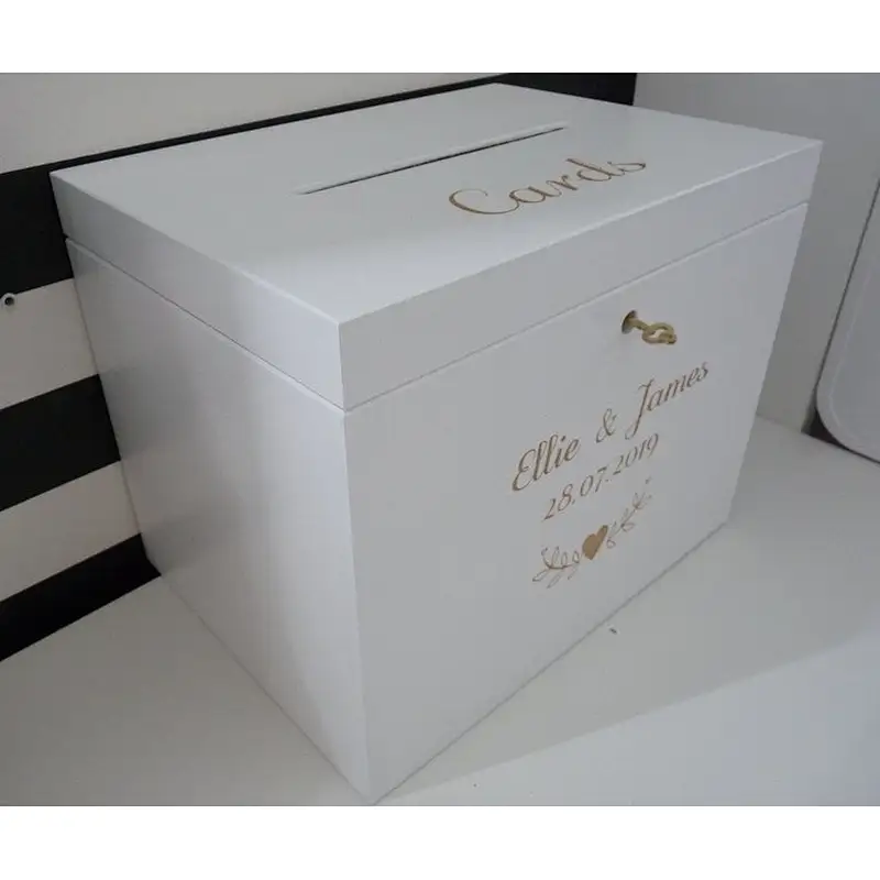 Personalized White Wedding Wooden Card box with Slot, Engraved Greeting Cards Collection Box for Weddings Birthdays Graduations