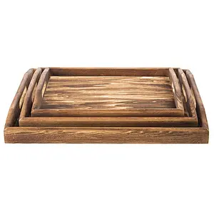 Handles Nesting Breakfast Serving Trays Decorative Rectangular Wood Display Tray Set Nested Food Tray