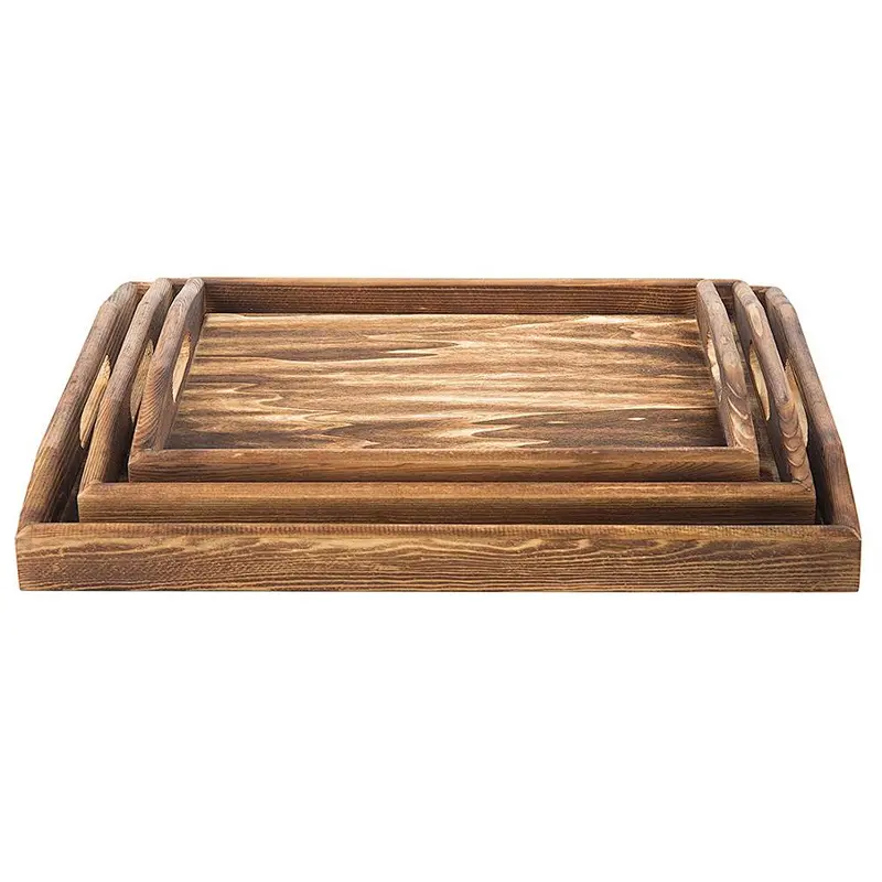 Handles Nesting Breakfast Serving Trays Decorative Rectangular Wood Display Tray Set Nested Food Tray
