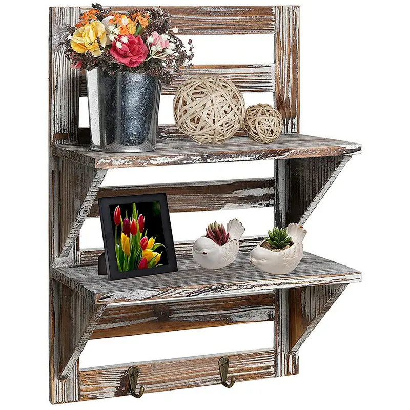 Rustic Wood Wall Mounted Organizer Shelves w/ 2 Hooks  2-Tier Storage Rack