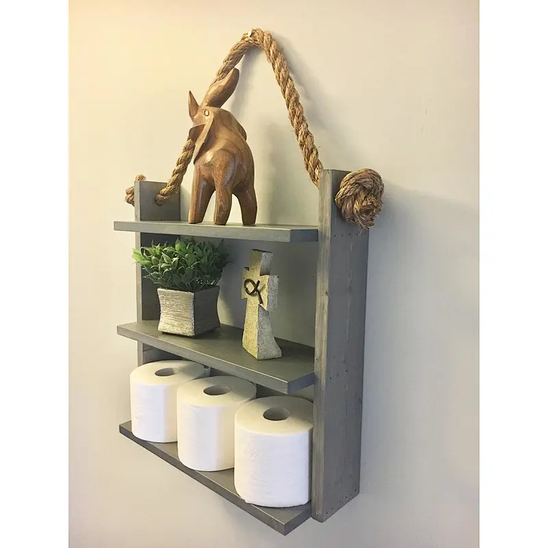Bathroom Shelf Organizer with Towel Hooks  Modern Farmhouse Brown Country Storage  Apartment Decor