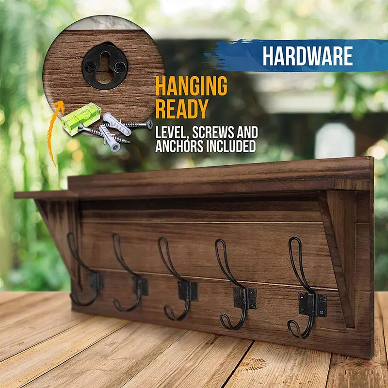 Rustic Wall Mounted Coat Rack Shelf - Brown Wooden Country Style 24