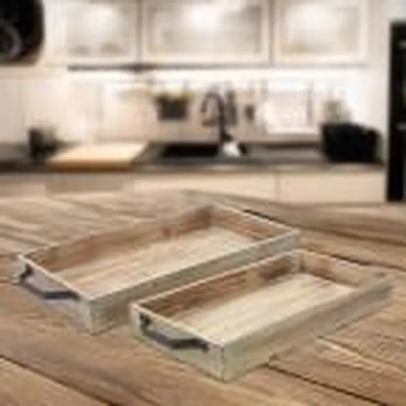 Brown Wood Serving Tray  with Metal Handles in set of 2