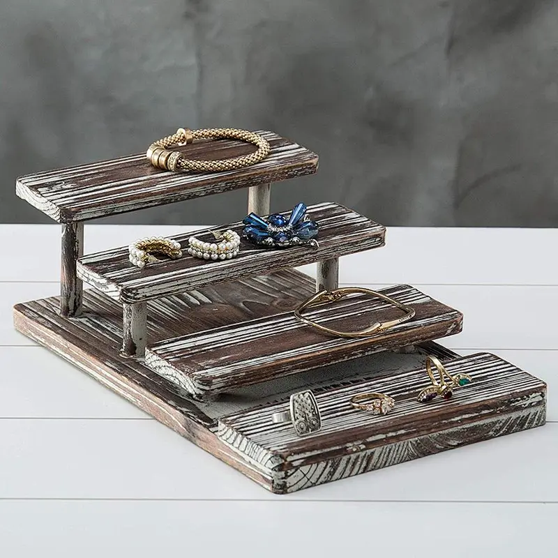 Rustic Display Stand, 4-Tier Rustic Torched Wood  Display Stand