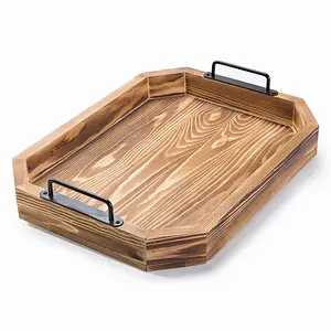 Rustic Burnt Wood 16-Inch Serving Tray with Metal Handles