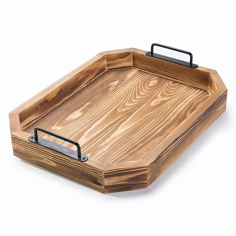 Rustic Burnt Wood 16-Inch Serving Tray with Metal Handles