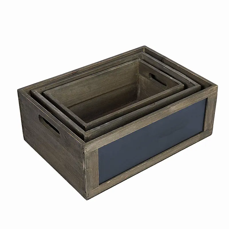 Nesting Rustic Brown Wood Nesting Storage Crates with Chalkboard Front Panel and Cutout Handles, Set of 3
