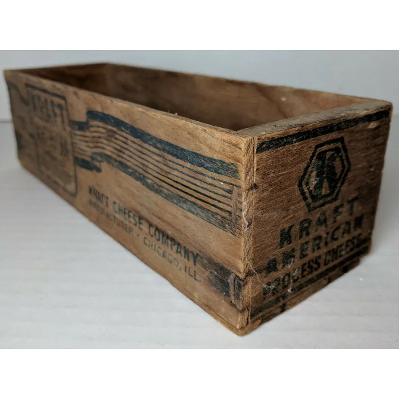 Vintige Cheese Wooden Box Crate With Blue Graphics For Sale