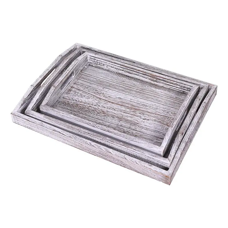 Rustic Wooden Serving Trays with Handle Set of 3 Large Medium and Small Nesting Serving Trays -for Breakfast, Coffee Table