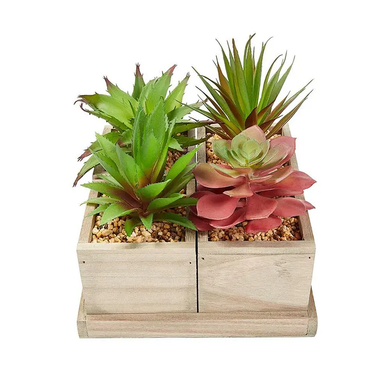 Garden Faux Succulents  Assorted Lifelike Plastic Greenery Arrangement with Decorative Wooden Boxes for Indoor Office