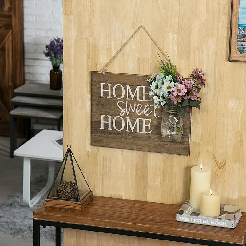 Rustic Home Sweet Home Wood Hanging Sign with Glass Jar Vase