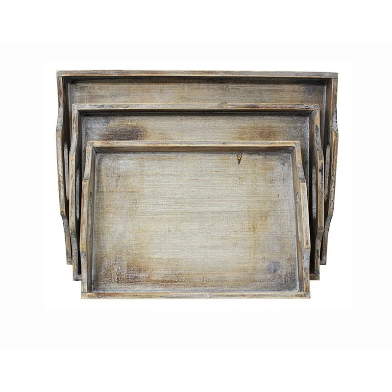 Custom Rustic  Wooden Tray In Set Of 3 Wooden Tray With Handle Wood Serving Tray Wooden Trays For Decoration