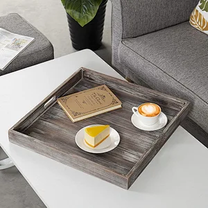 MyGift 18-Inch Square Rustic Torched Wood Ottoman Tray