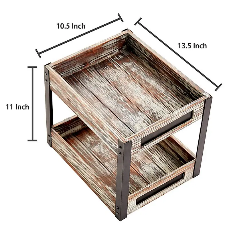 2 Tier Industrial Style Torched Wood Desktop Document Tray Paper File Holder with Chalkboard Labels