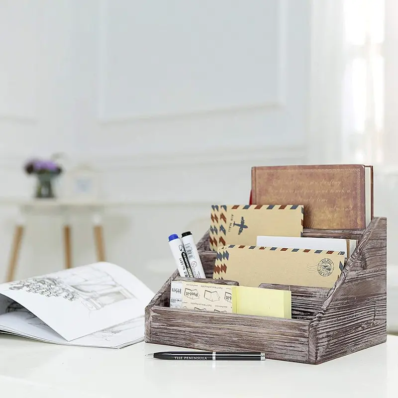 Decorative 4 Compartment Vintage Brown Torched Wood Finish Mail Sorter/Office Desk Stationery Organizer