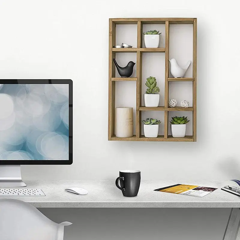 MyGift 15-Inch Wall-Mounted (Vertical or Horizontal) 9-Slot Rustic Wood Floating Shelves/Freestanding Shadow Box, Brown