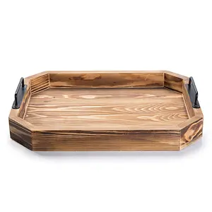 Rustic Burnt Wood 16-Inch Serving Tray with Metal Handles