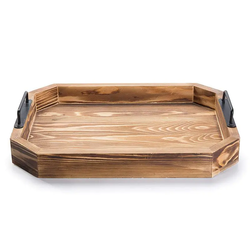 Rustic Burnt Wood 16-Inch Serving Tray with Metal Handles