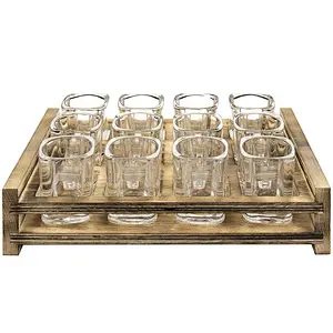 12 Shot Glass Server with Rustic Burnt Wood Tray