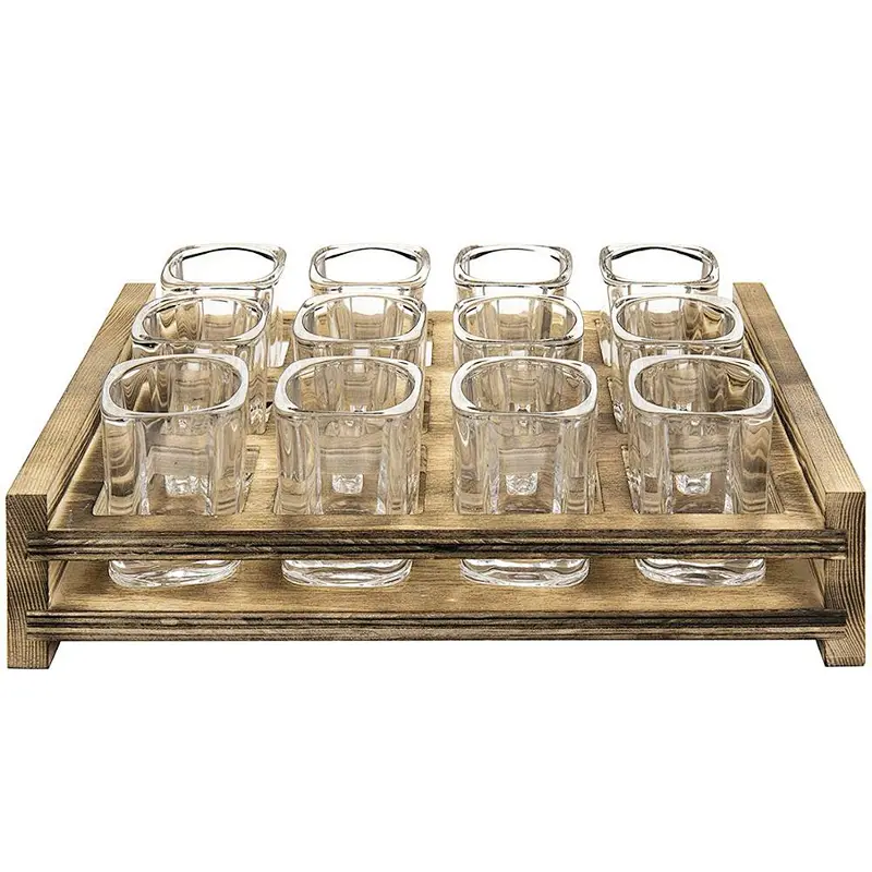 12 Shot Glass Server with Rustic Burnt Wood Tray