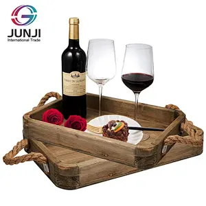 Wood Serving Tray with Jute Rope Handle Vintage Rustic Farmhouse Wooden Breakfast Tray