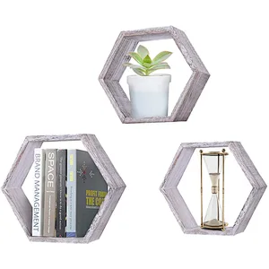 Rustic Wall Mounted Hexagonal Floating Shelves  Set of 3  Large