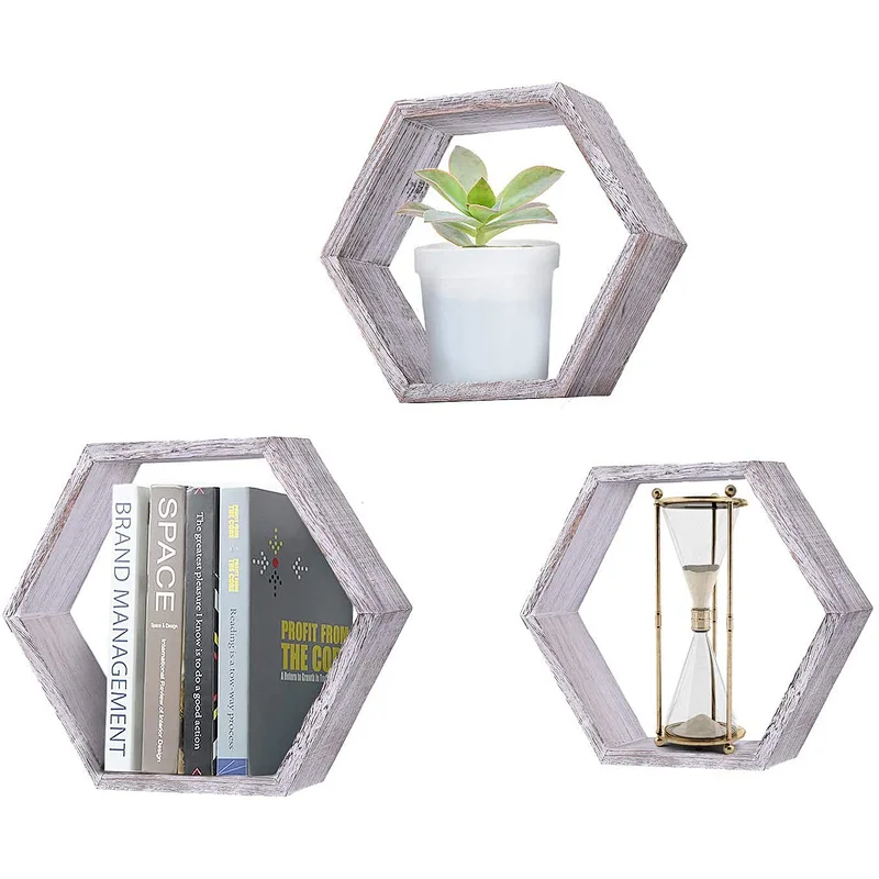 Rustic Wall Mounted Hexagonal Floating Shelves  Set of 3  Large