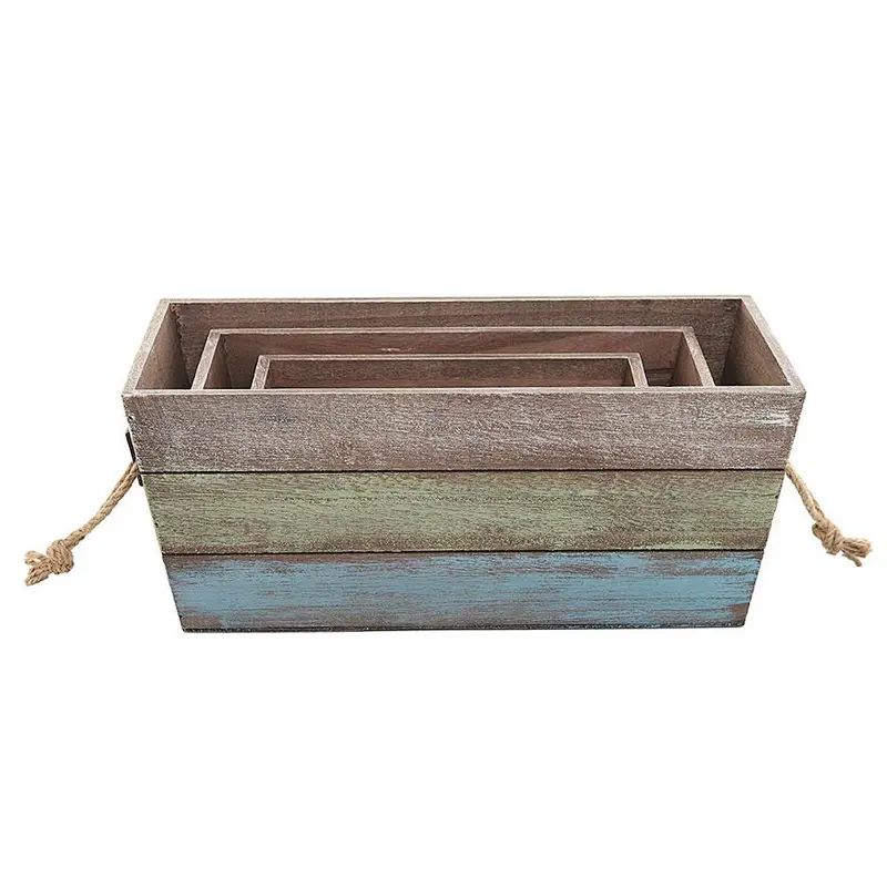 Nesting Wood Storage Crates, Stripe Design Wood Boxes with Rope Handles, Set of 3, Brown
