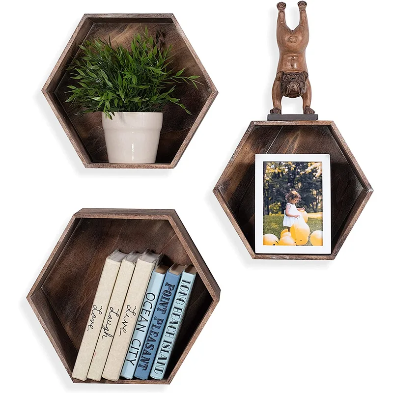 Rustic Wall Mounted Hexagonal Floating Shelves  Set of 3  Large