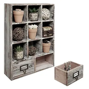 Rustic Dark Brown Wood Shadow Box/Wall Mounted Cubby Storage with 2 Drawers & Label Holders