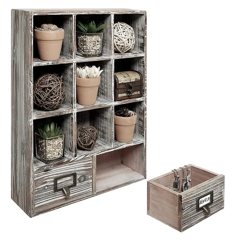 Rustic Dark Brown Wood Shadow Box/Wall Mounted Cubby Storage with 2 Drawers & Label Holders