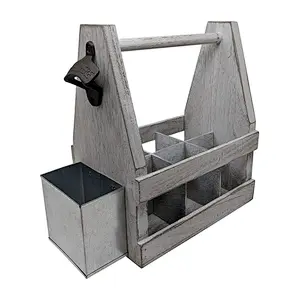 Rustic Farmhouse Wooden Beer Soda Caddy Bottle Carrier with Bottle Opener and Cap Catcher