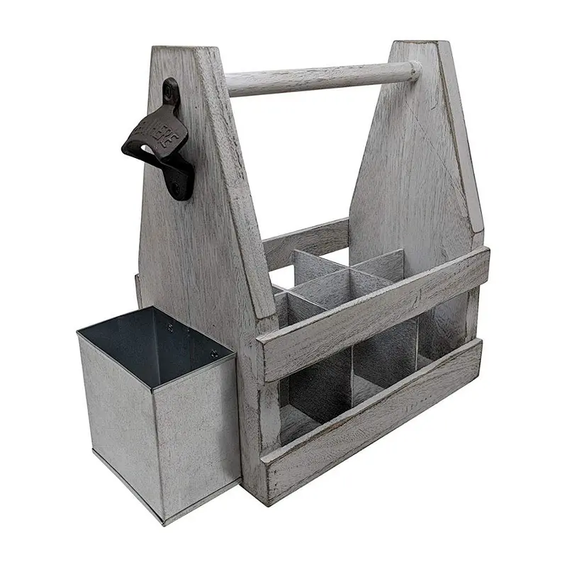 Rustic Farmhouse Wooden Beer Soda Caddy Bottle Carrier with Bottle Opener and Cap Catcher