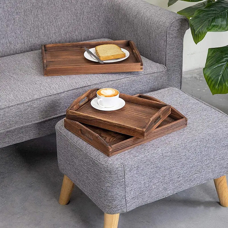 Wooden tray Set of 3 Nesting Brown Wood Serving Trays with Cutout Handles Wooden Appetizer Tray Serving