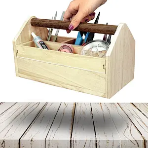 Natural Wood Color Wooden Craft Tool Box Caddy with a Handle