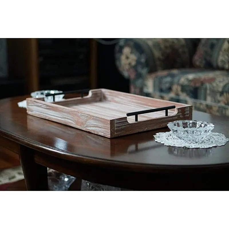 Wooden Ottoman Tray for Living Room and KitchenUnfinished Wood TraysWoodServing TrayWoodenTray With Metal HandlelWood Tray Stand