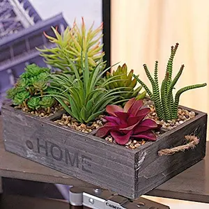 Potted Artificial Succulent Plants in Rustic Wooden Planter Box with Rope Handles