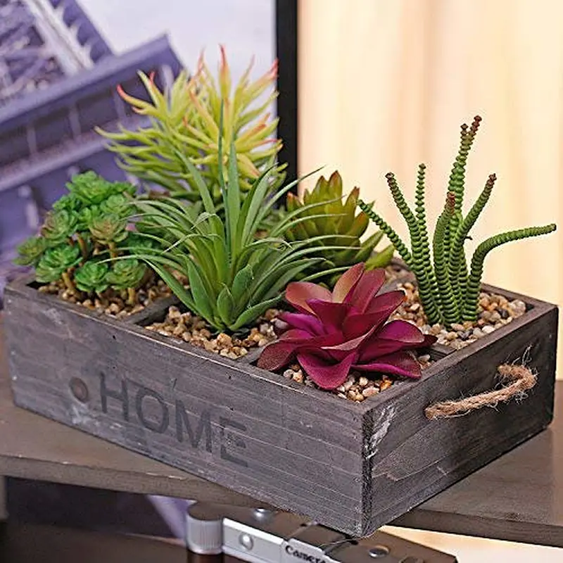 Potted Artificial Succulent Plants in Rustic Wooden Planter Box with Rope Handles