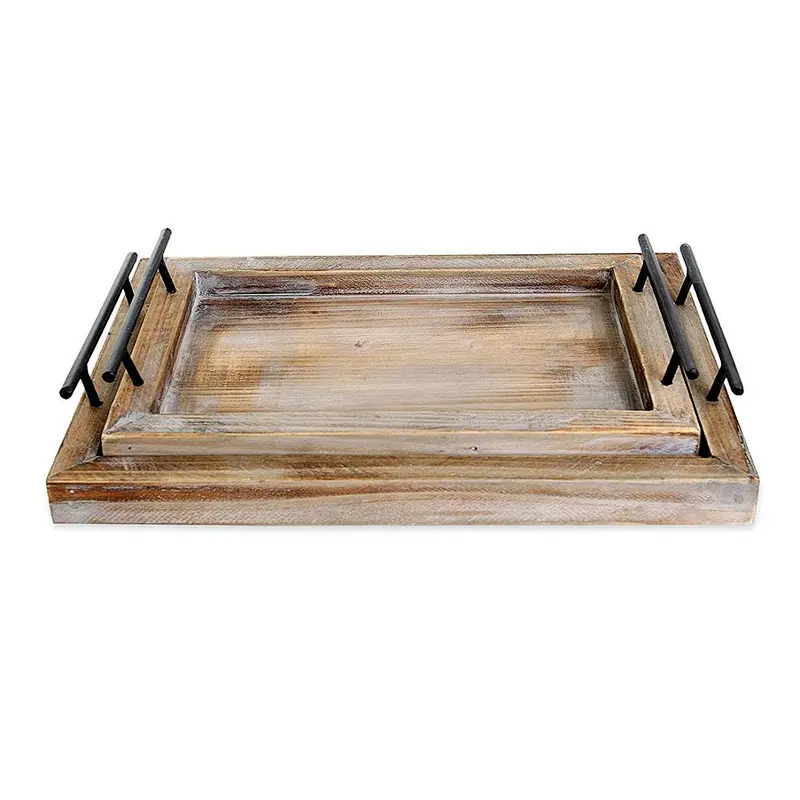 Home Goods Wooden Serving Trays with Handles (2 Pc. Set) Rustic Farmhouse Wood Butler Platters Serve Breakfast Appetizer