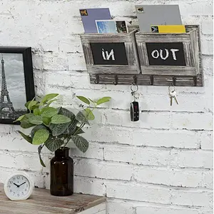 Mail Sorter Organizer Wood Key Holder Organizer, Slot Rustic Wall-Mounted Wood Mail Holder with 6 Key Hooks and Chalkboard Label