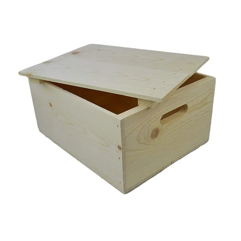 Wooden  Storage Tote Boxes with Lid-Wooden Pine Box with Hand Holes and a Drop on Lid