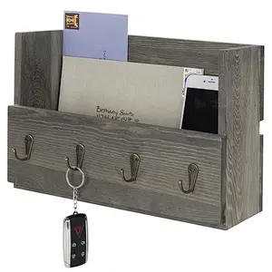 Rustic Gray Wood Wall Mounted Mail Holder Organizer with 4 Key Hooks