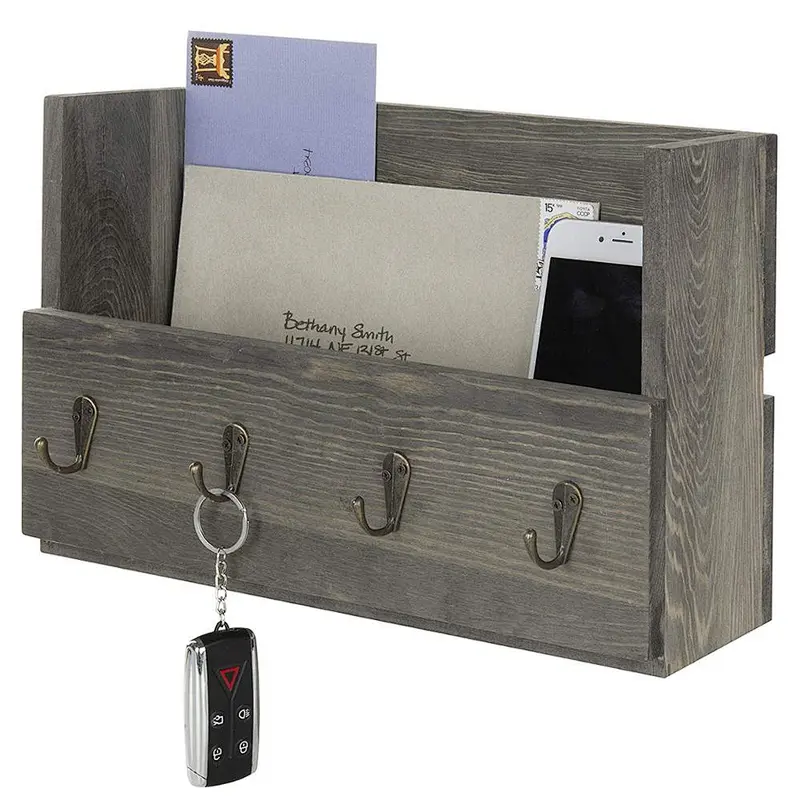Rustic Gray Wood Wall Mounted Mail Holder Organizer with 4 Key Hooks
