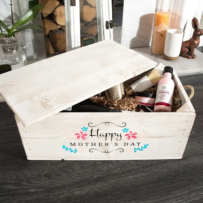 Wooden Hamper custom Gift Box with lid & rope handles - Floral Logo Small  wooden Crate
