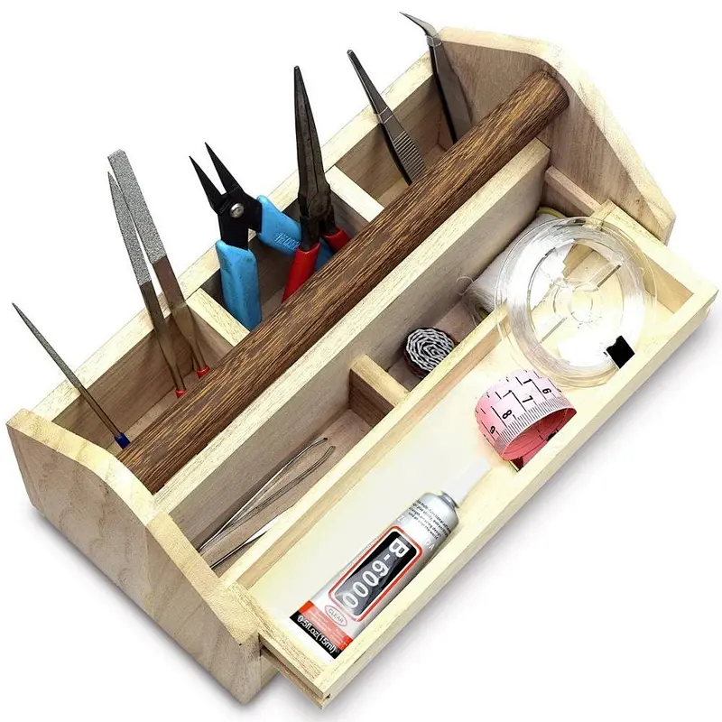 Utensil Storage-Natural Wood Color Wooden Craft Tool Box With Handle