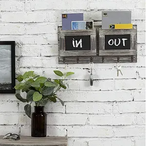 Mail Sorter Organizer Wood Key Holder Organizer, Slot Rustic Wall-Mounted Wood Mail Holder with 6 Key Hooks and Chalkboard Label