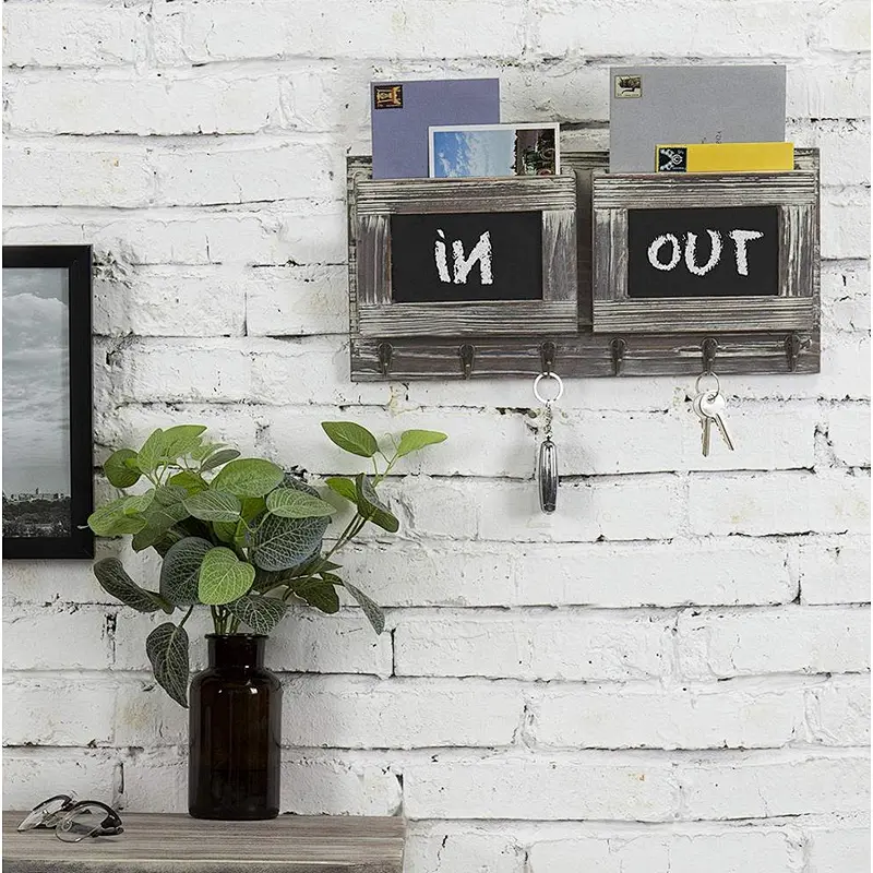 Mail Sorter Organizer Wood Key Holder Organizer, Slot Rustic Wall-Mounted Wood Mail Holder with 6 Key Hooks and Chalkboard Label